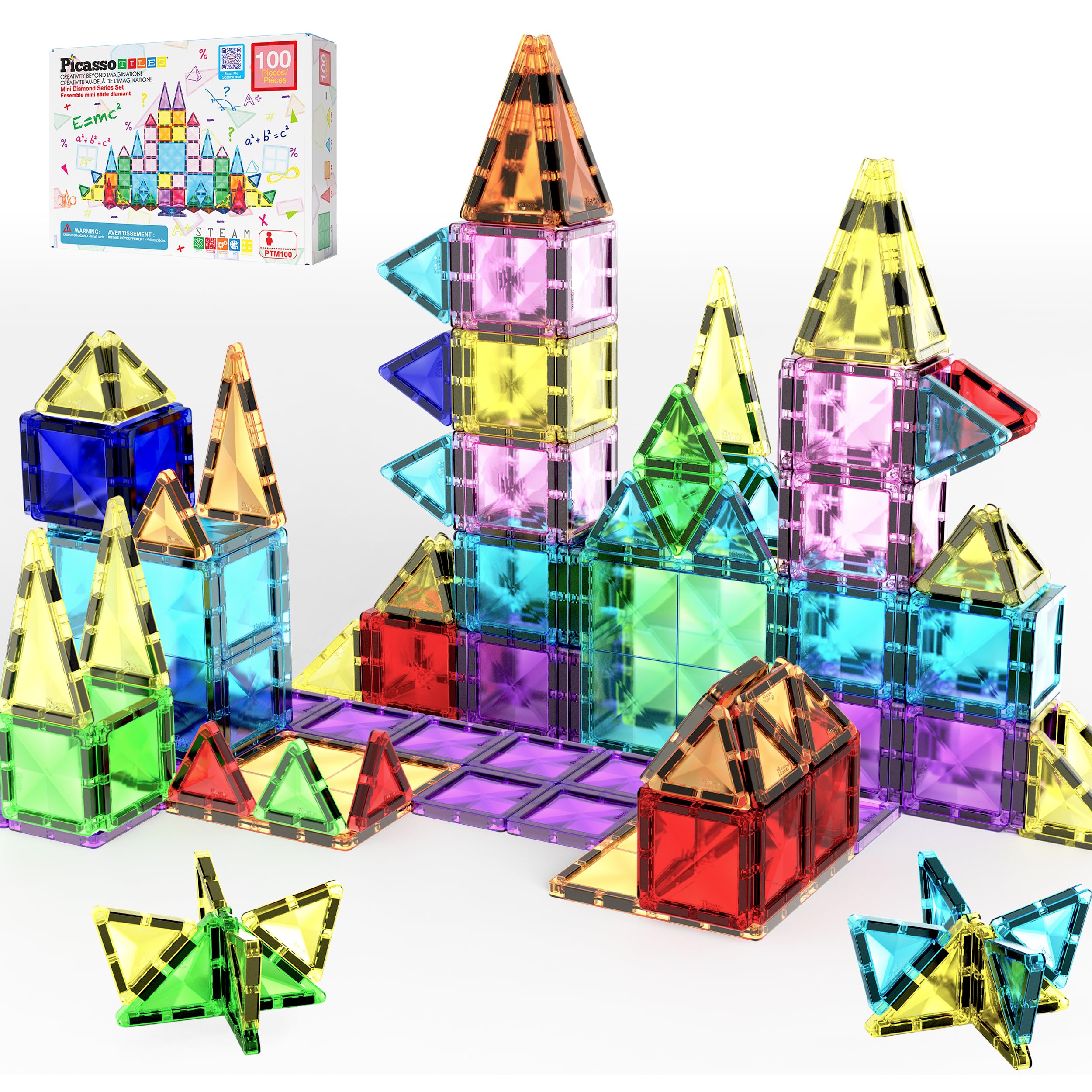 PicassoTiles 100 Piece Magnetic Tiles, STEM Building Set for Kids Ages 3+ | 100 