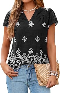 Glamaker Womens Summer Boho Tops Dressy Short Sleeve Western Floral Blouses Soft Light Casual Loose Fit Peasant Tunic Shirts