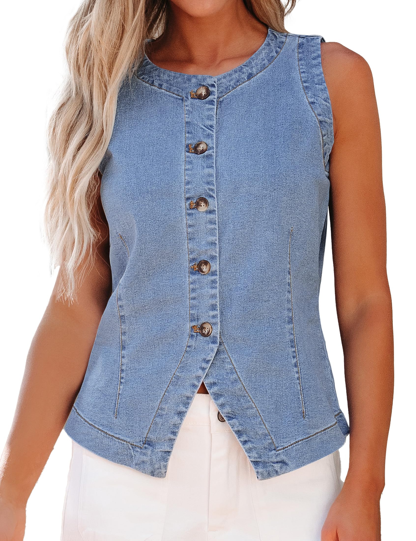 luvamia Denim Vest for Women Sleeveless Strechy Jean Vest Top Button Down Crewne