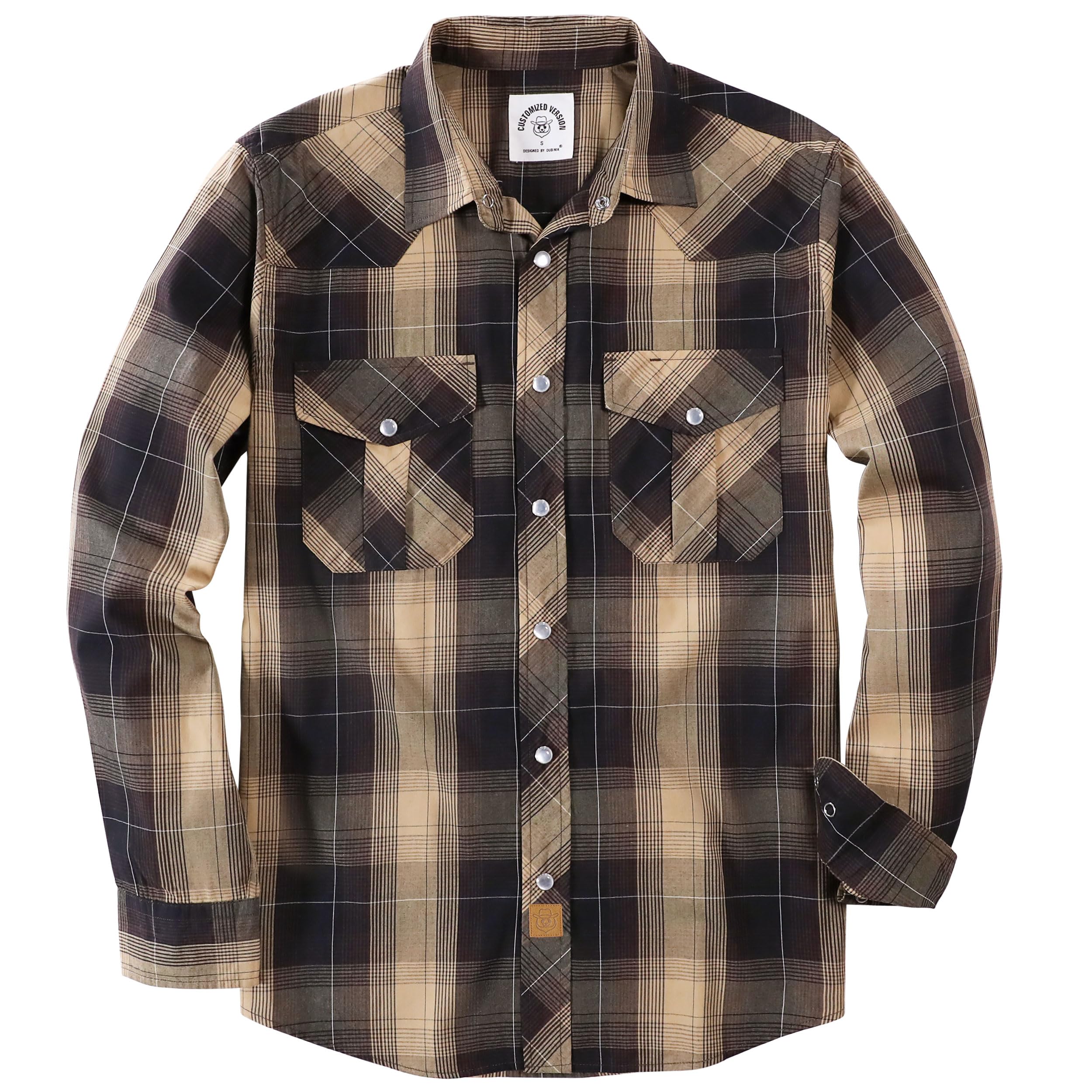 Dubinik® Western Shirt for Men's Long Sleeve Pearl Snap Plaid Casual Cowboy