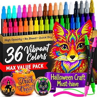 ARTISTRO 36 Multicolor Dual-Tip Acrylic Paint Marker Pens | For Fabric, Rock, Glass, Wood, Coloring Book, Arts &amp; Crafts Gift, Pumpkin Decorating Kit &amp; Halloween Crafts (Dot &amp; Fine Tips)