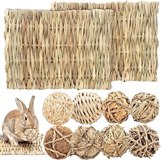LECHONG 10-Pack Natural Rabbit Toys, Large Chew Rolling Balls & Chill Grass Mat Bed for Small Animals, Rabbits Boredom Breaker Also for Guinea Pigs Chinchilla Bunnies Gerbils and Hamster Bunny