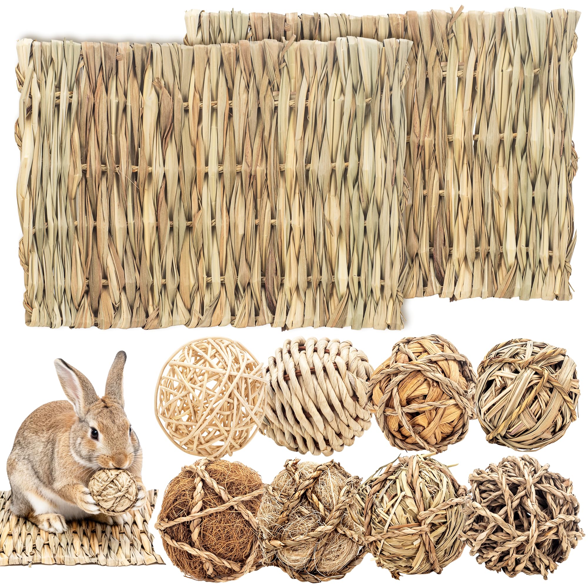 LECHONG 10-Pack Natural Rabbit Toys, Large Chew Rolling Balls & Chill Grass Mat 