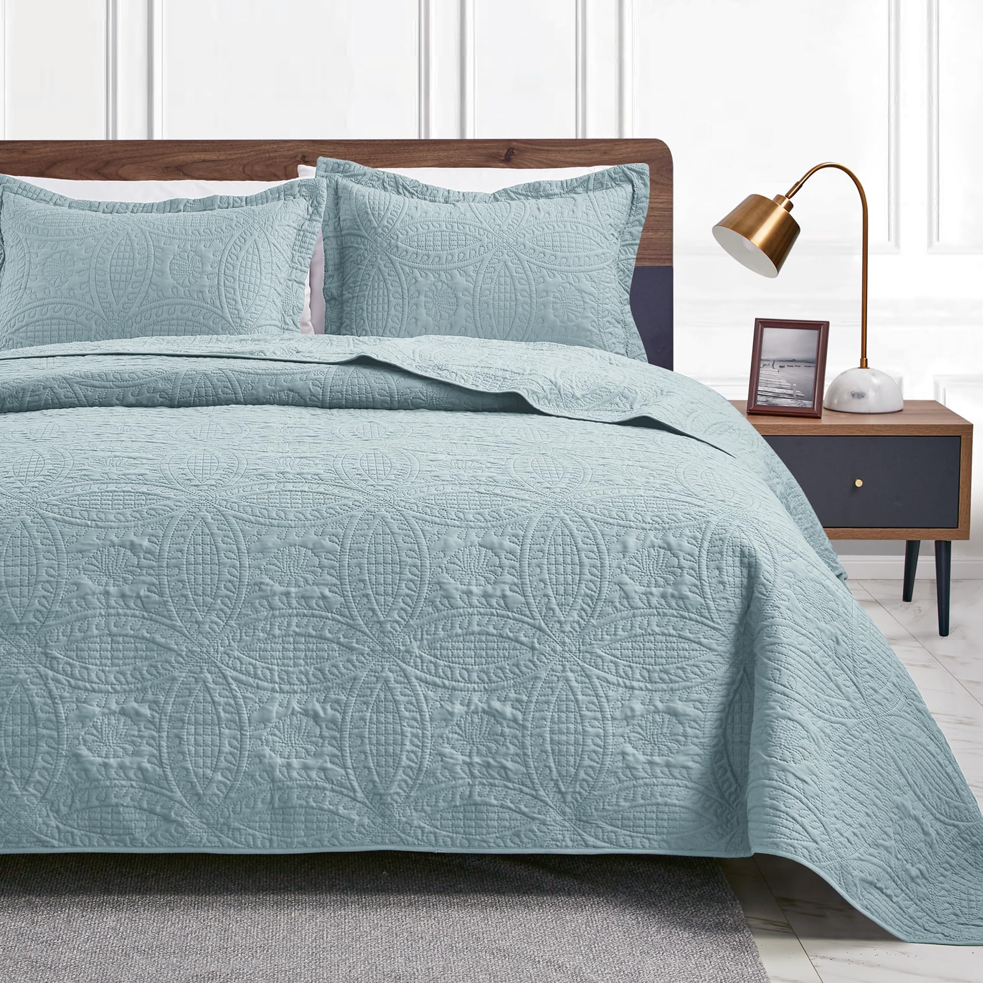Love's cabin California King Size Quilt Set Spa-Blue Bedspreads - Soft Summer Li