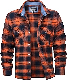 MAGCOMSEN Men's Flannel Shirts Cotton Long Sleeve Plaid Shirt Casual Fashion Button Up Shirts Jackets with 2 Pockets