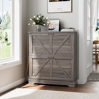 Shoe Storage Cabinet with 2 Flip Drawers, Narrow Entryway Organizer, Farmhouse Style with Wooden Feet, Slim White Shoe Rack