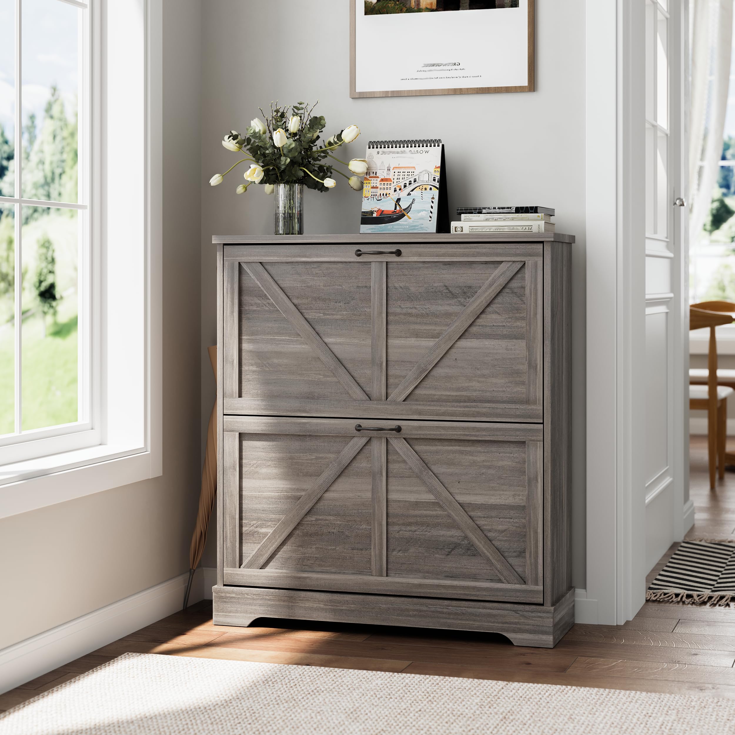 Shoe Storage Cabinet with 2 Flip Drawers, Narrow Entryway Organizer, Farmhouse S
