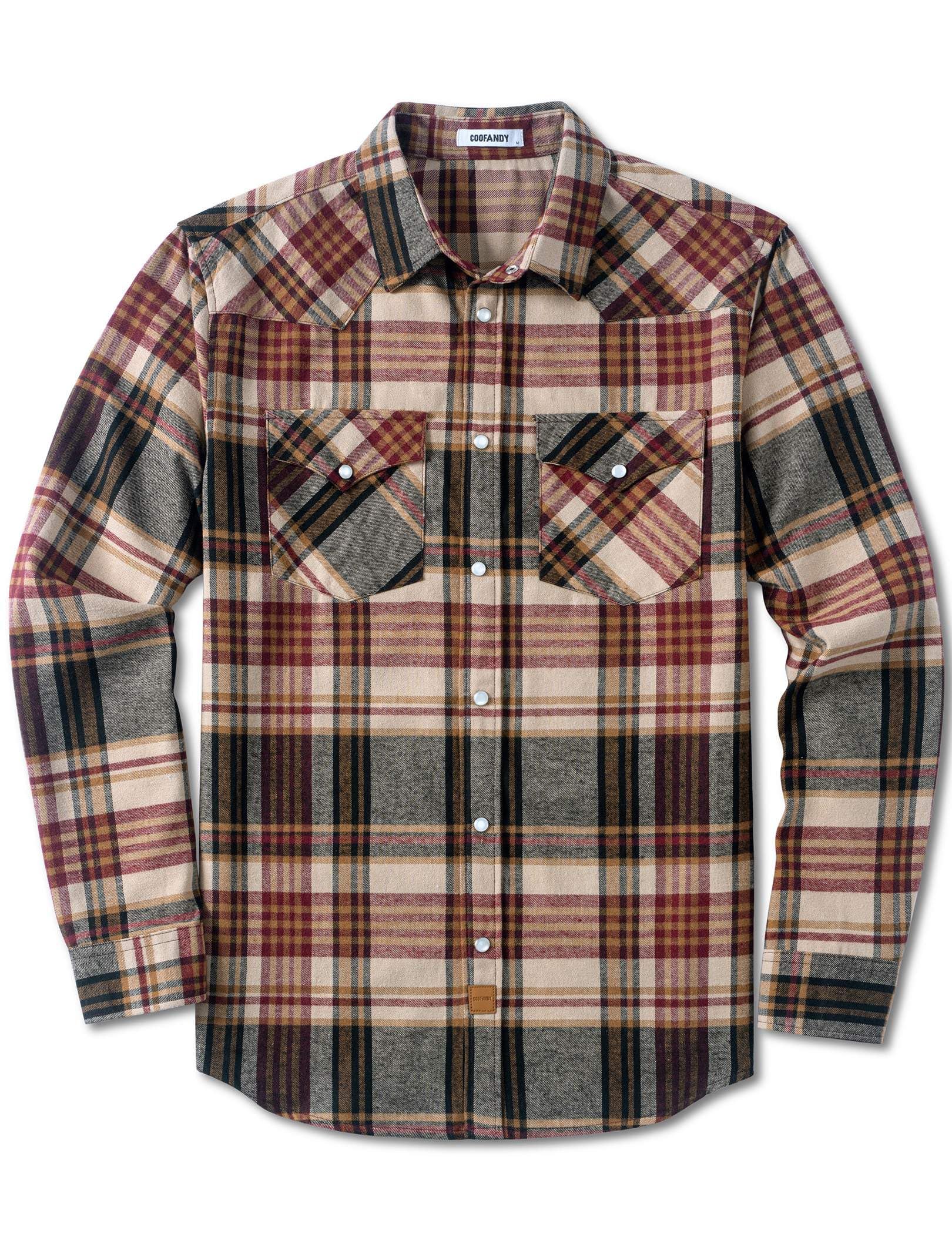 COOFANDY Mens Plaid Flannel Shirts Long Sleeve Western Pearl Snap Shirts Fall Bu