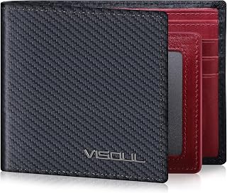 VISOUL Mens Wallet Bifold RFID Protected with 2 ID Windows 8 Credit Card Slots 2 Cash Compartments, Carbon Fiber Leather Wallet for Men Gift Box (Black+Burgundy)