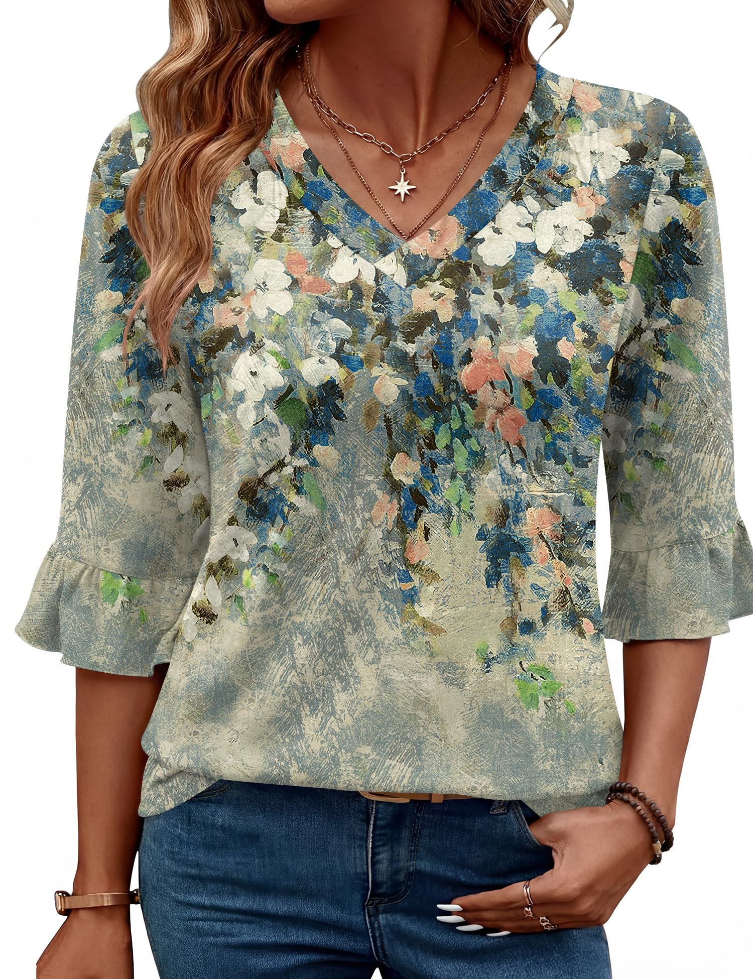 LOMON 3/4 Length Sleeve Womens Tops 2026 Spring V-Neck Ruffle Blouses Dressy Cas