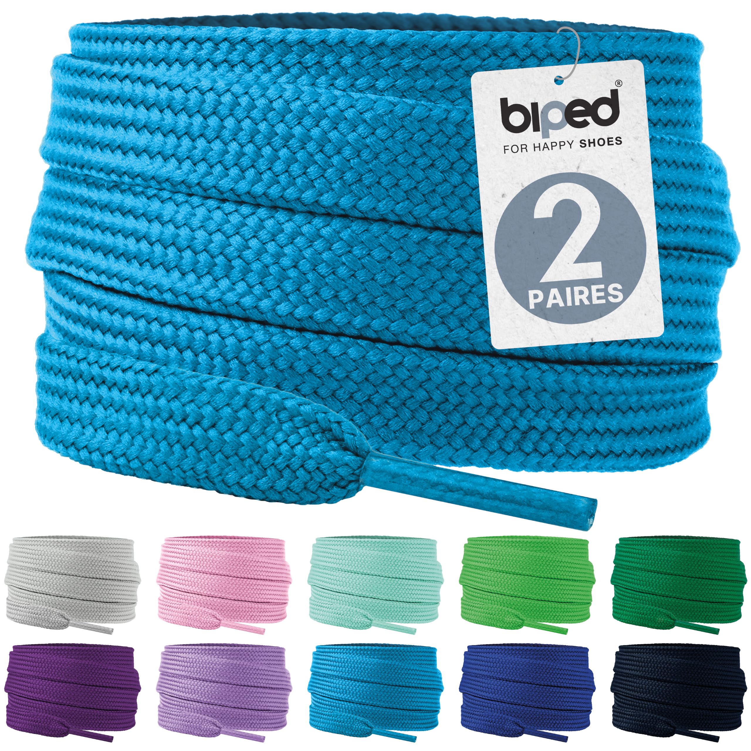 biped Laces 2 Pairs of Flat Polyester Laces, Width 10 mm, Laces for Trainers and