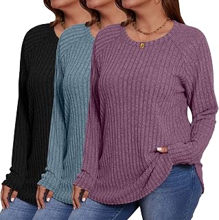 Ficerd 3 Pack Plus Size Tunics for Women, Women's Long Sleeve Sweaters with Curved Hem, Crew Neck T-Shirt