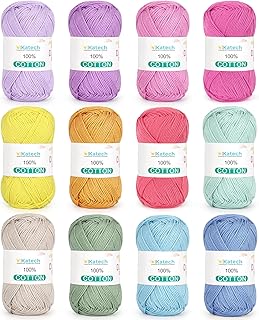 Katech 1OO% Cotton Yarn for Crocheting & Knitting–Baby Cotton Yarn (D) | 12-Color of 137 Yards/1.76 oz Sport Weight CYC #2-Soft & Breathable-Ideal for Dishcloths, Baby Clothes, Potholders & Crafts