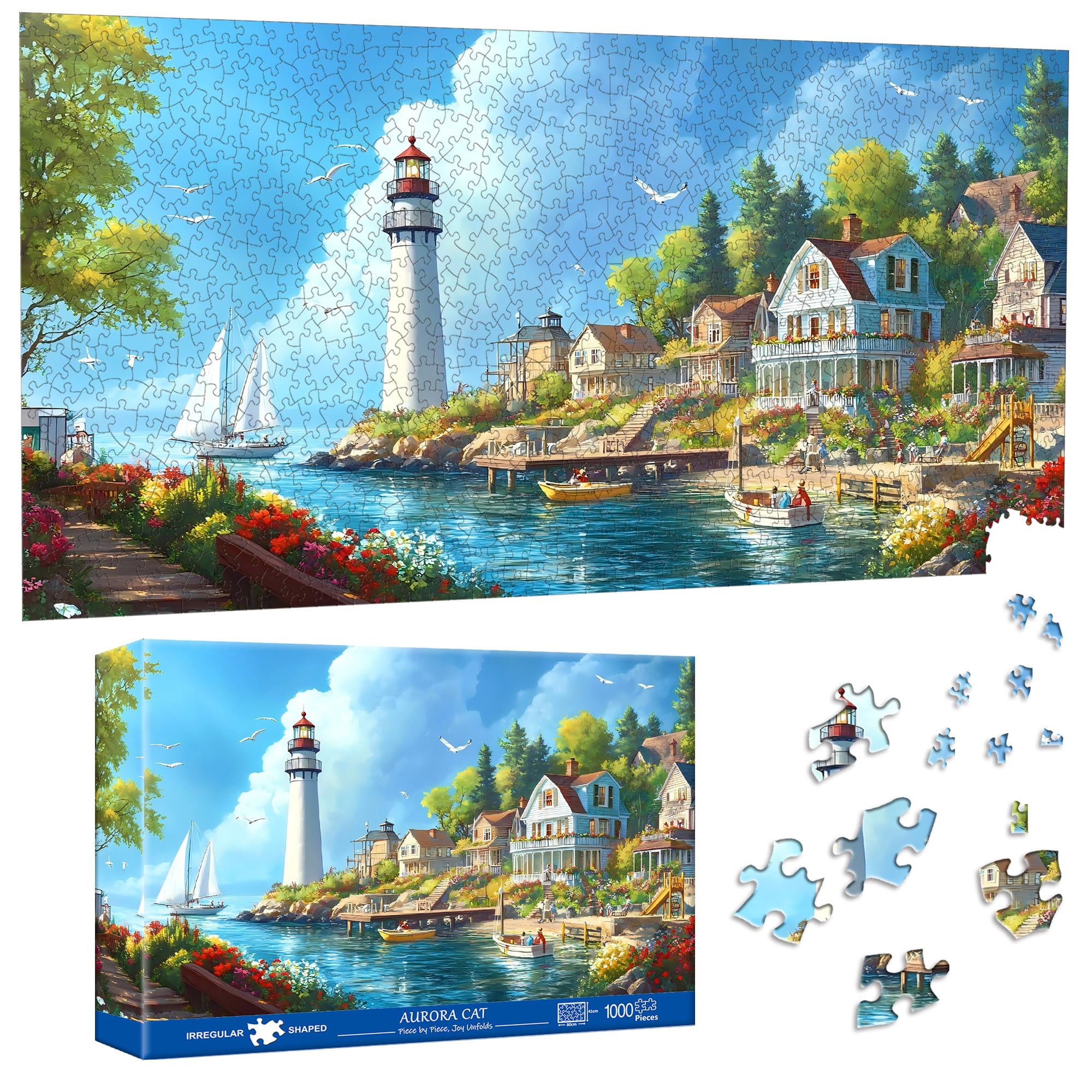 Puzzle 1000 Pieces for Adults Village with Lighthouse - 41x80cm Special Shape Ji