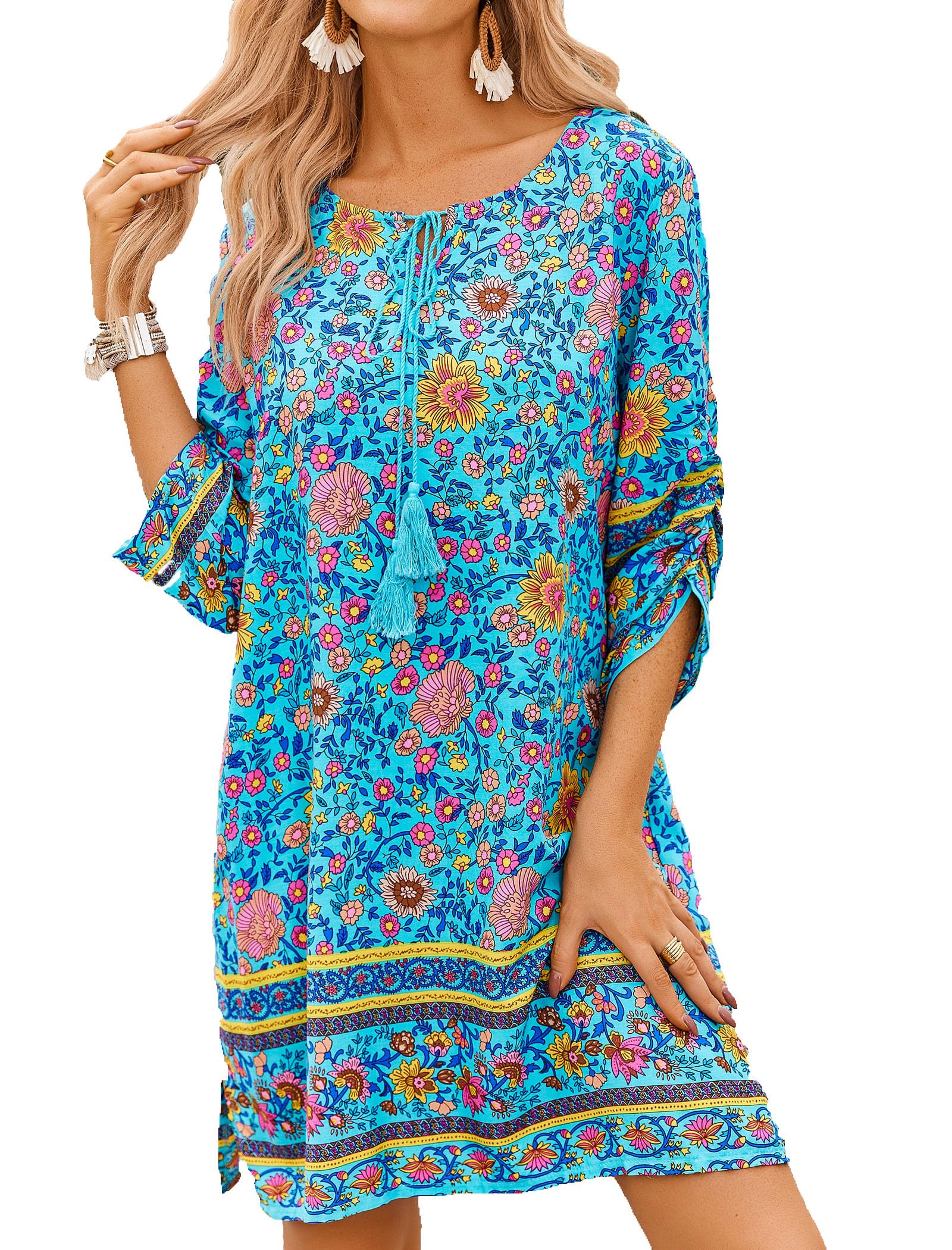 Zeagoo Tunic Dress Summer 3/4 Sleeve Casual Boho Knee Length Dresses for Women T