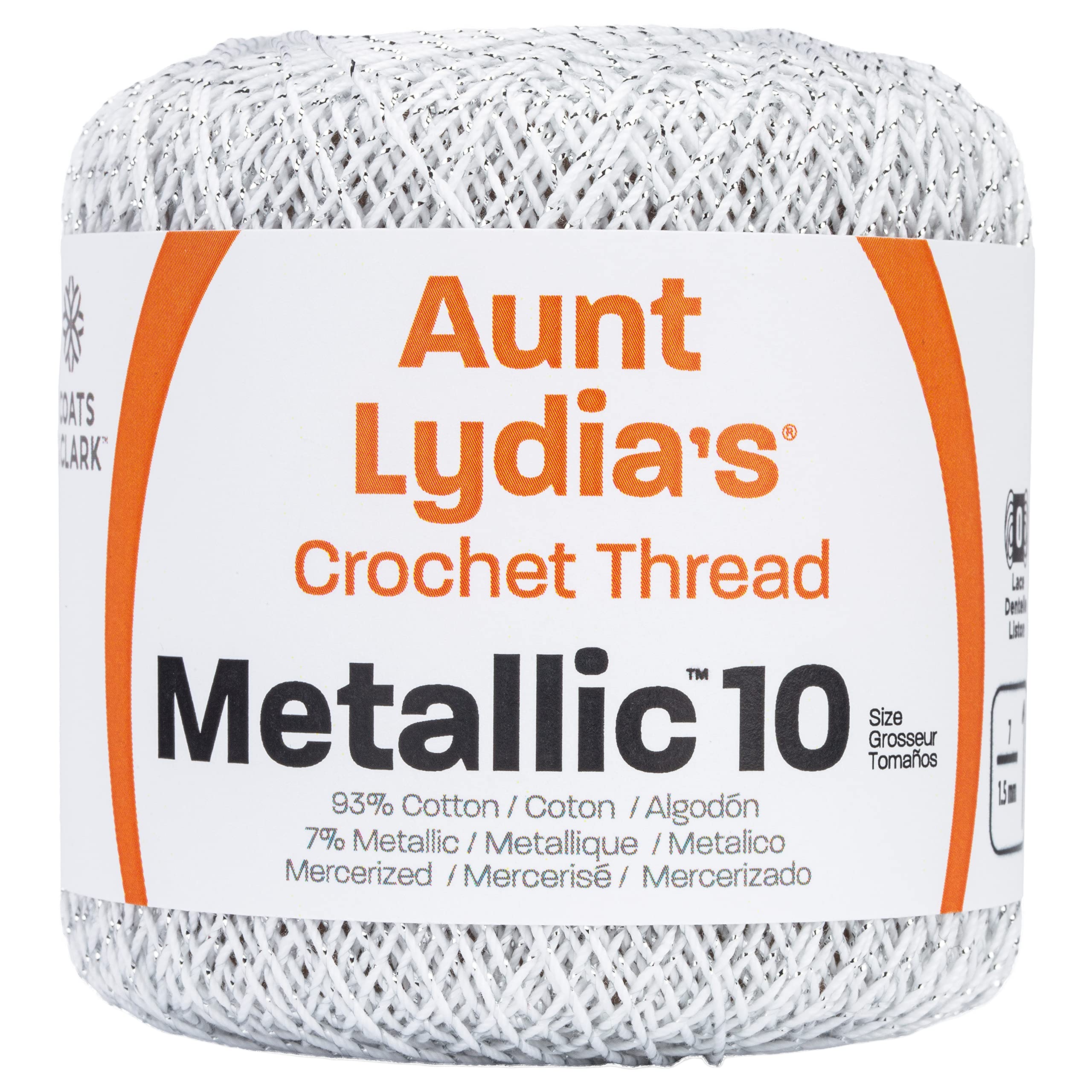 Red Heart Metallic Crochet Thread, 10, White/Silver | 88% Mercerized Cotton 12% 
