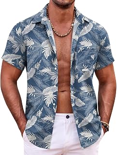 COOFANDY Hawaiian Shirt for Men Summer Fit Shirts Casual Holiday Funky Shirts with Hawaiian Print Summer Flower Shirt, Blue (Leaves), S
