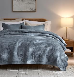 palassio 100% Cotton Striped Channel Quilt Set King Size, Dusty Blue | Lightweight Bedspread, Pick-Stitch Coverlet, Soft Breathable Thin Comforter, Farmhouse All Season Bedding Set with 2 Shams