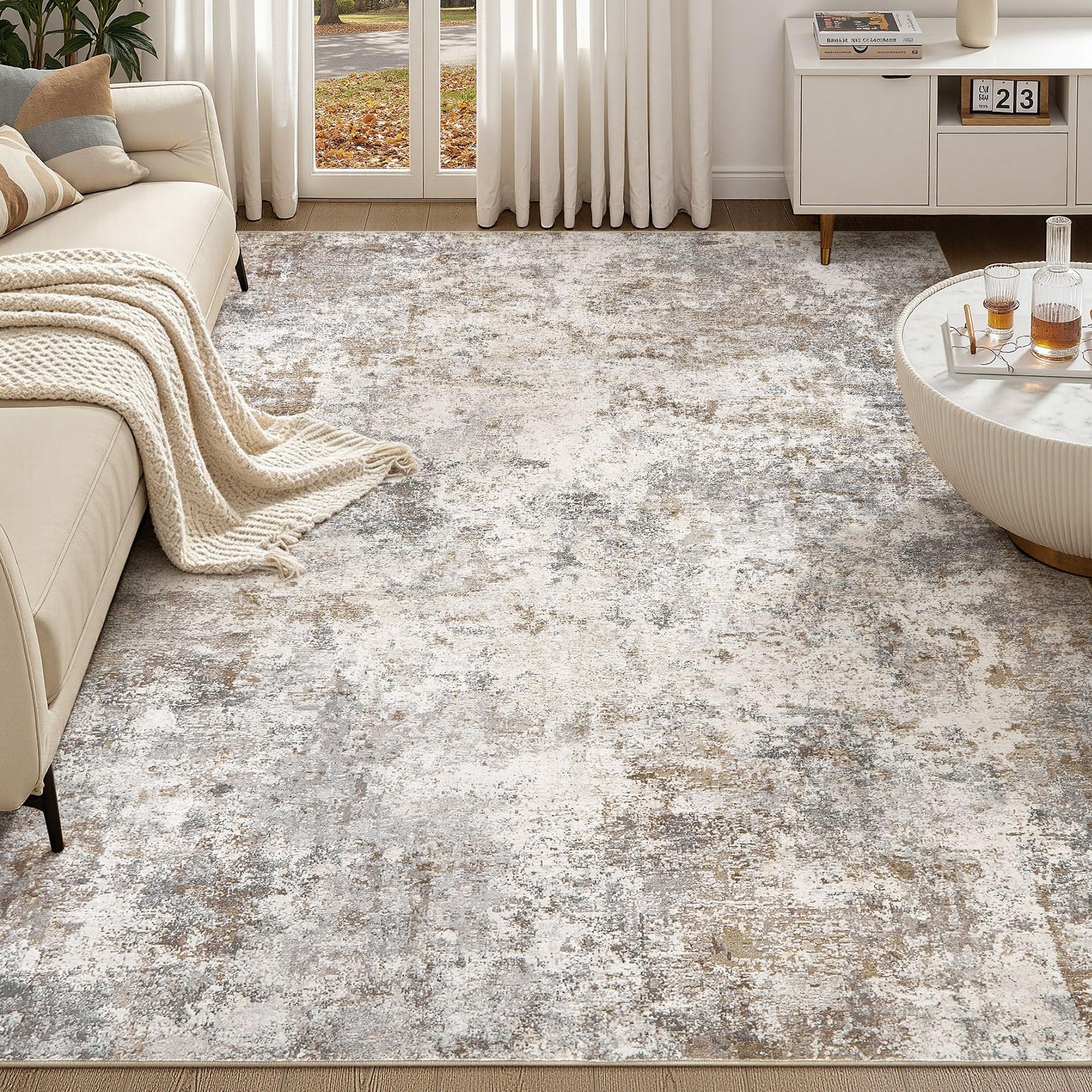 UERMEI 9x12 Area Rug Living Room Rugs Washable Neutral Brown Carpet | Modern Abs