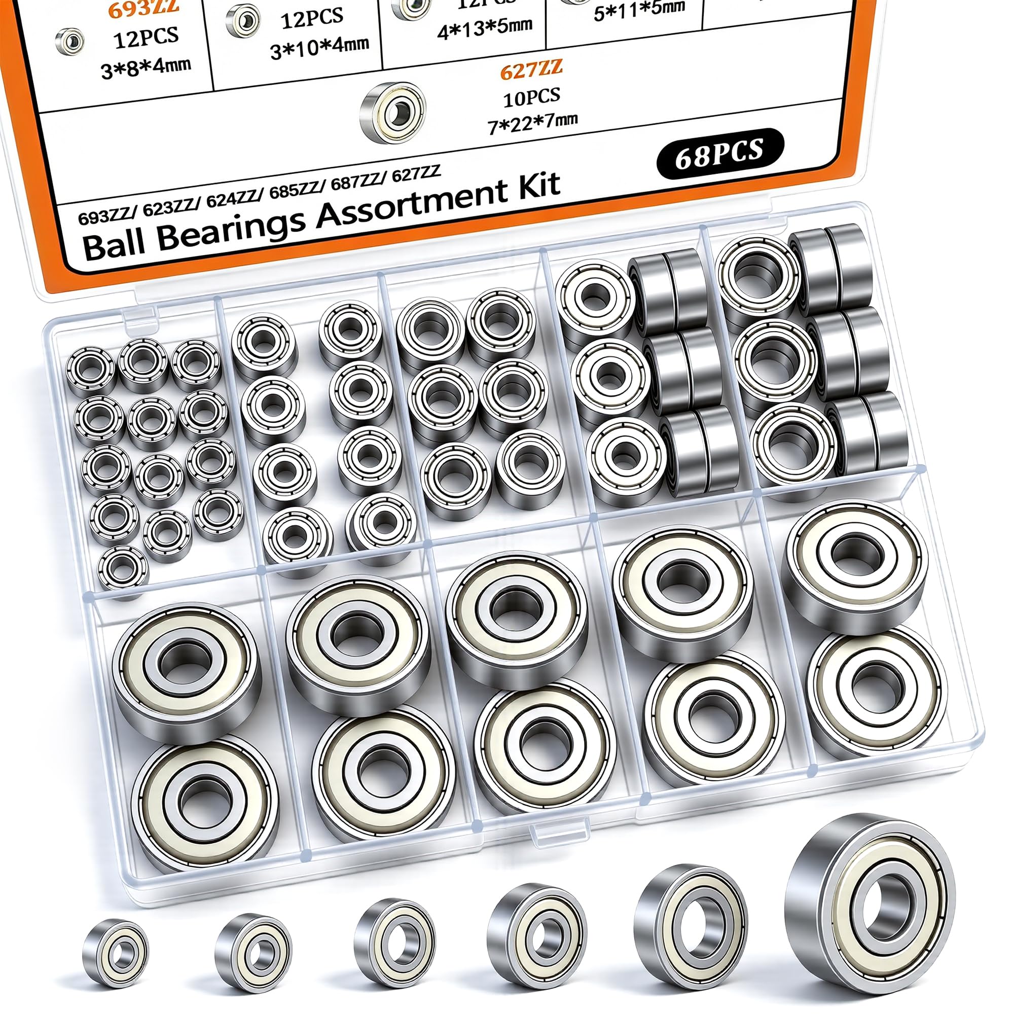 Dianrui 68 PCS 693ZZ/ 623ZZ/ 624ZZ/ 685ZZ/ 687ZZ/ 627ZZ Ball Bearings Assortment
