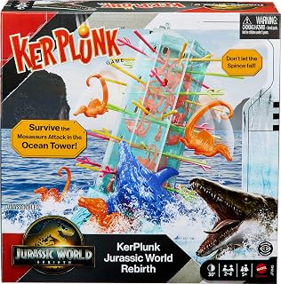 Mattel Games Kerplunk Jurassic World Rebirth Game for Kids & Family with Ocean Tower and Spinosaurus Figures Inspired by the Movie.