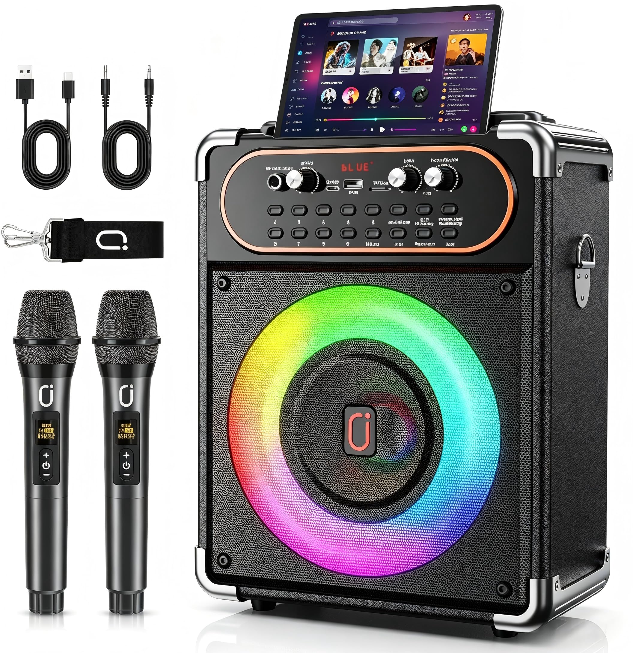 Karaoke Machine with 2 Wireless Microphones, 200W Peak, 6.5" Alloy Woofer | Blue