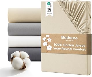 Bedsure Double Fitted Sheet Deep - 100% Cotton Jersey, 40cm, Beige