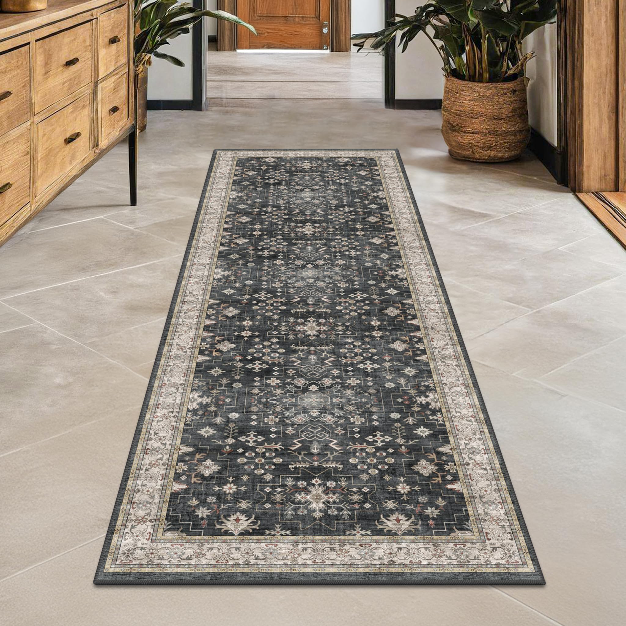 Black Boho Washable 2x6 Runner Rugs for Hallway Kitchen Bedroom Beside Laundry R