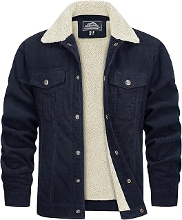 TACVASEN Men Cargo Jacket Corduroy Sherpa Lined Fleece Winter Coat Thick Warm Stand Collar Jacket With Pockets