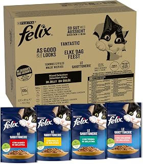 FELIX Le Ghiottonerie Wet Food for Adult Cats, 120 Sachets of 3 oz, Mix | Jelly Snacks with Beef Chicken Salmon and Tuna