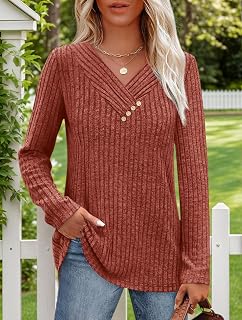Sweaters for Women Long Sleeve Shirts V Neck Tops with Buttons Fall Fashion Outfits Winter Clothing