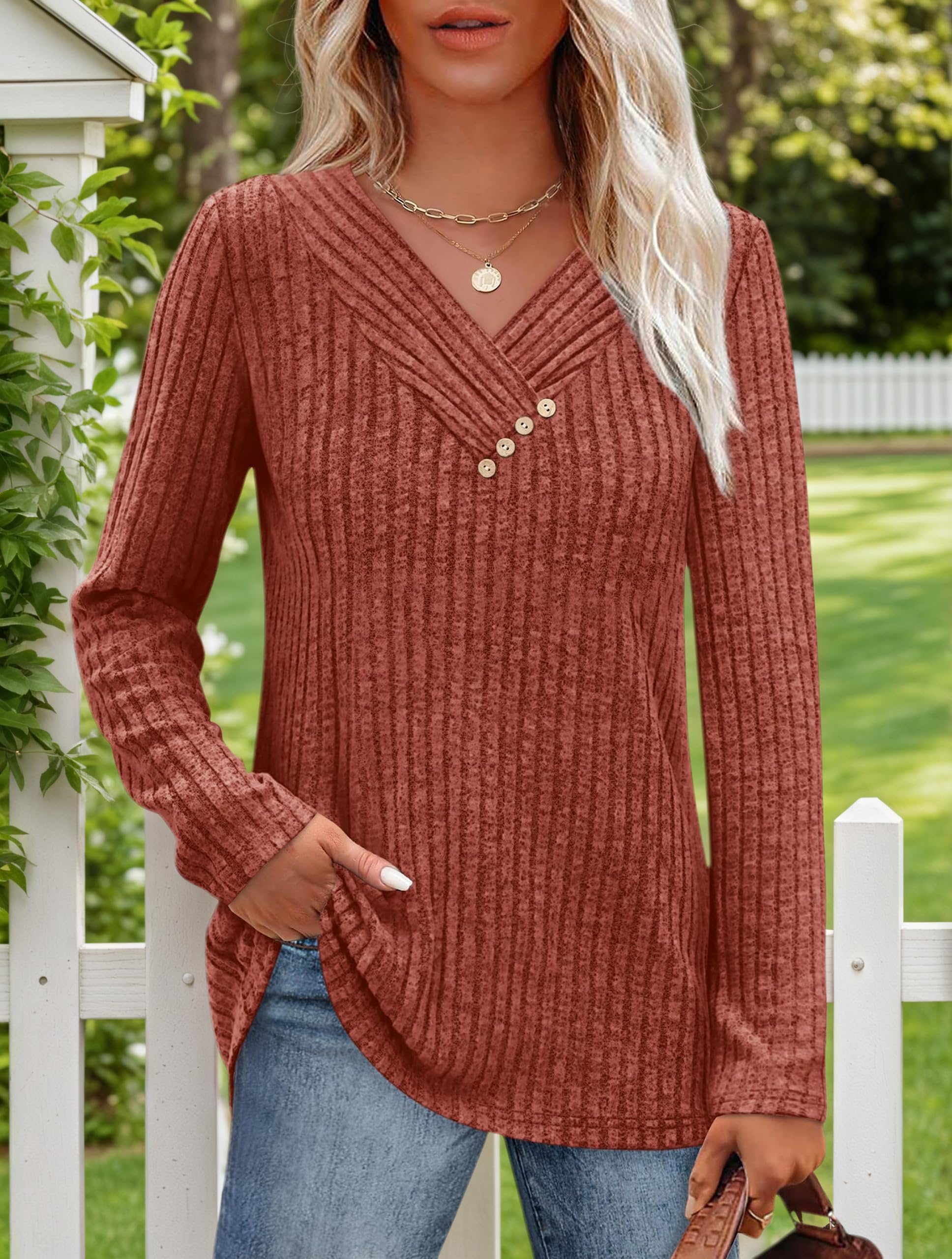 Sweaters for Women Long Sleeve Shirts V Neck Tops with Buttons Fall Fashion Outf