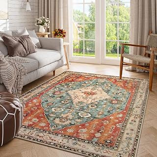Lahome Bohemian Tribal Area Rugs Large Washable Living Room Bedroom Oriental Style Non-Slip Non Shedding Rug for Dining Room Home Rusty Teal Matte