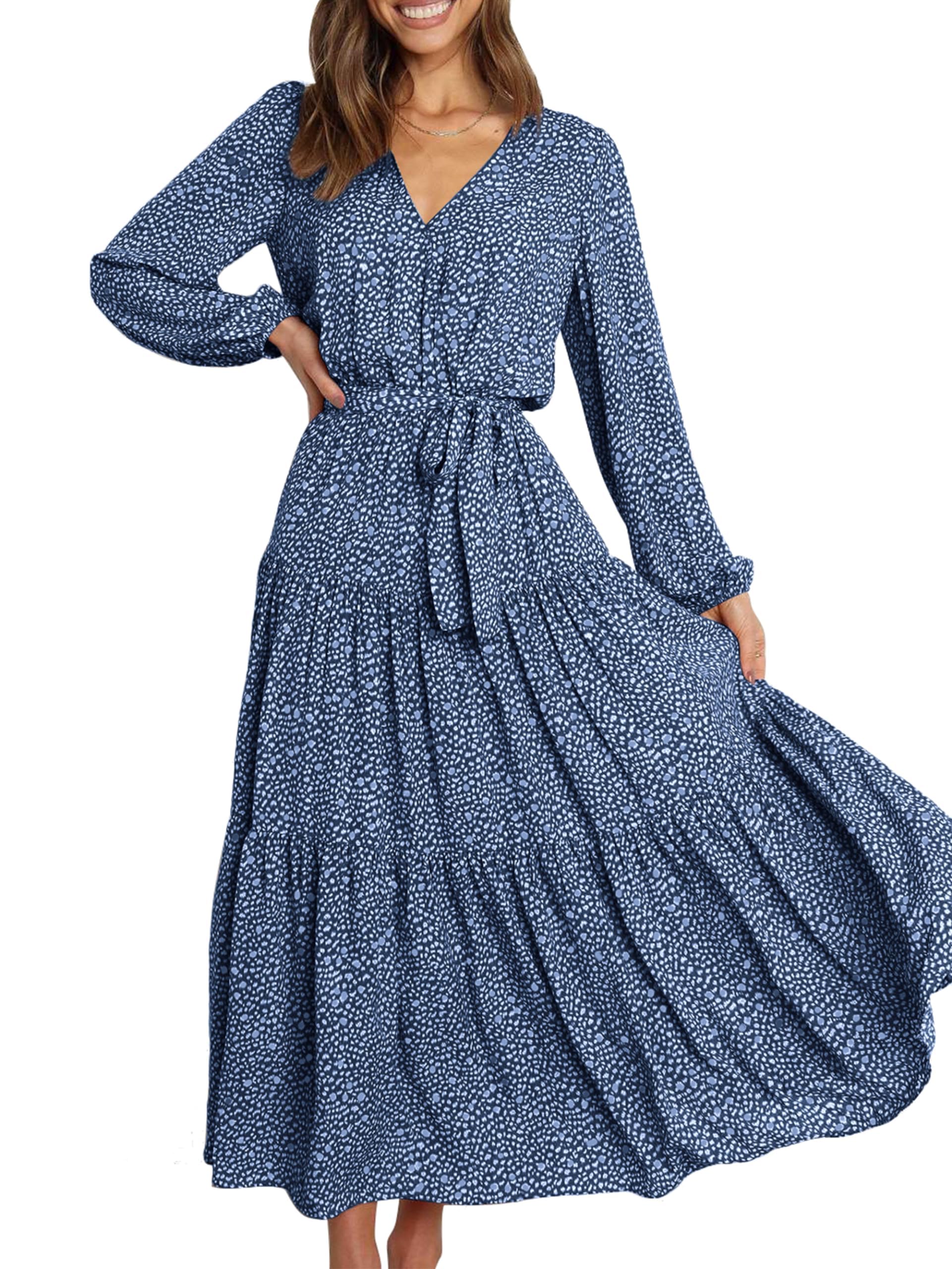 PRETTYGARDEN Womens Spring Long Sleeve Wrap V Neck Ruffle Floral Maxi Dress Casu