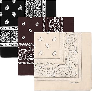 KU 3 Pack 100% Cotton Bandanas - Unisex Head Scarf Paisley Bandana for Men Women in Red Black White for Face Cover, Sports, Sweatband, Sun Protection, Daily Wear, Travel