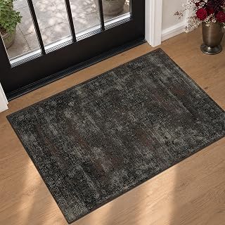 Black Washable 2x3 Rugs for Entryway, Non-Slip Low Pile Entry Rug, Stain Resistant Indoor Mat for Kitchen, Bathroom & Mudroom, Dark Farmhouse Volcanic Charcoal Design