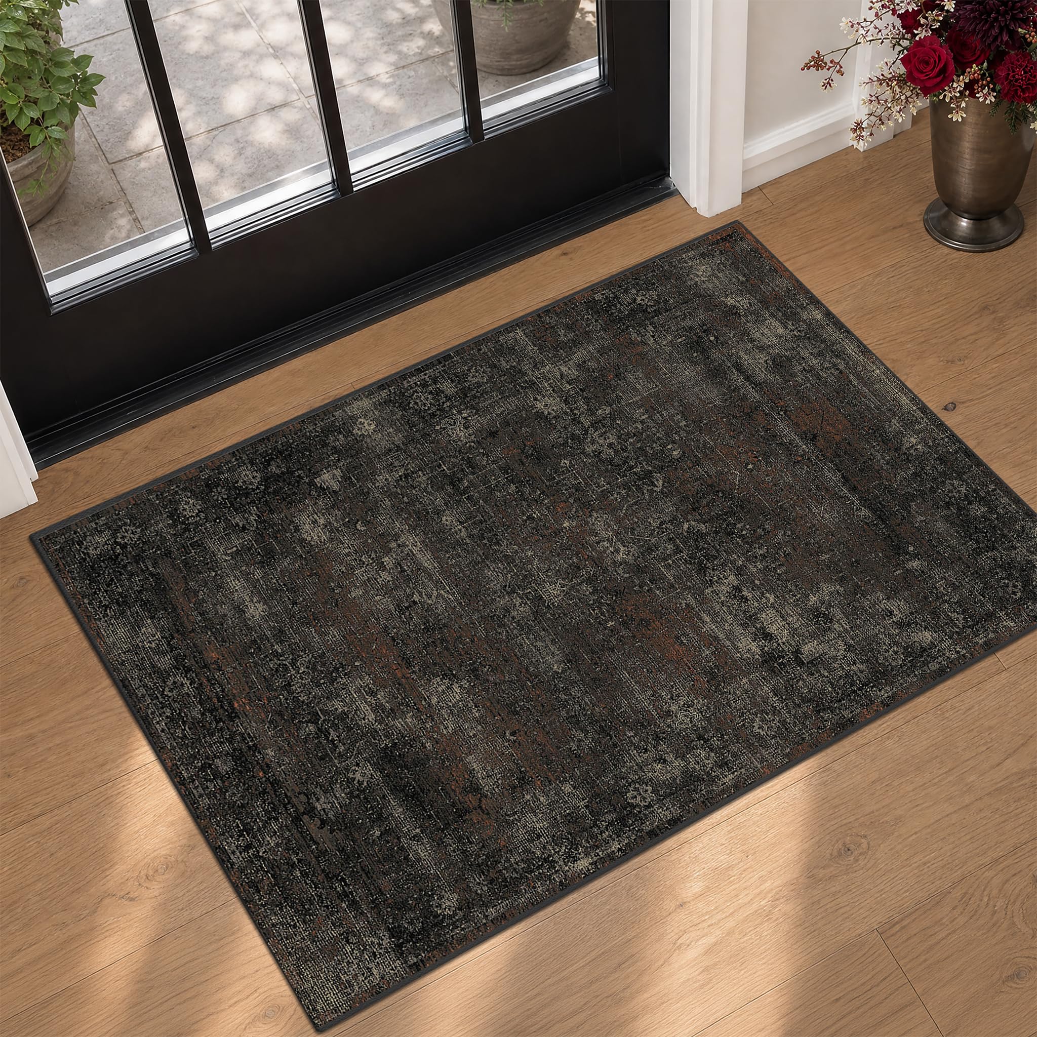 Black Washable 2x3 Rugs for Entryway, Non-Slip Low Pile Entry Rug, Stain Resista