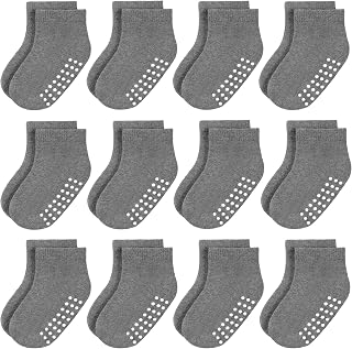 JAKIDAR 12 Pair Baby Toddler Socks Non-Slip Grip Cotton Ankle Socks for Boys Girls Non Skid Soles for Infants Kids