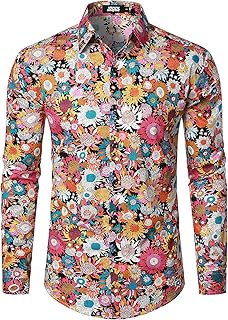 JOGAL Mens 70s Disco Floral Dress Shirt Long Sleeve Button Down Shirts