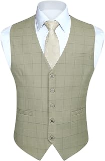 HISDERN Mens Burnt Orange Waistcoat Wedding Formal Cotton Plaid Classic Check Party Business Suit Vest