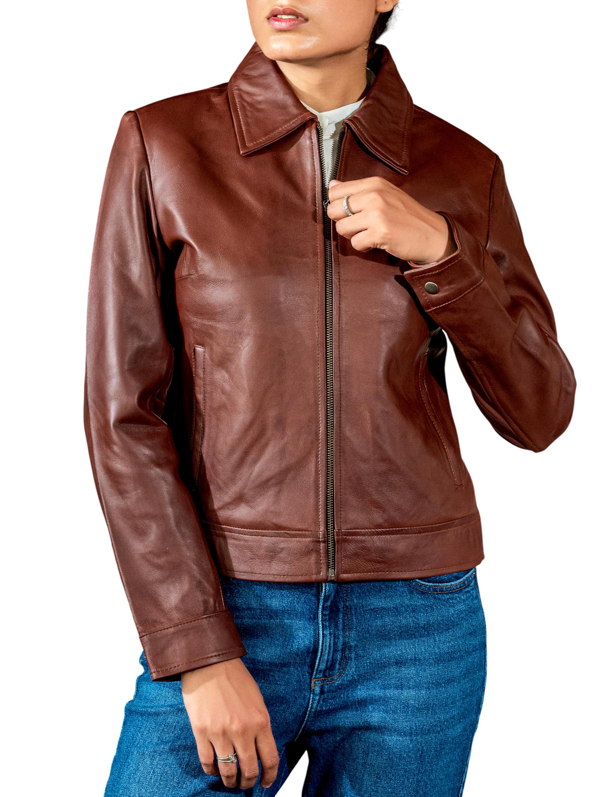 Jild Polo Collar Womens Leather Jacket - Old School Classic Everyday Wear Premiu