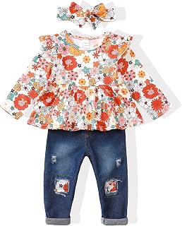 Baby Girl Clothes Toddler Girls Winter Outfits Infant Clothing Ruffle Top Denim Pants Jeans Cute Fall Outfit Set, Orange, 12-18M