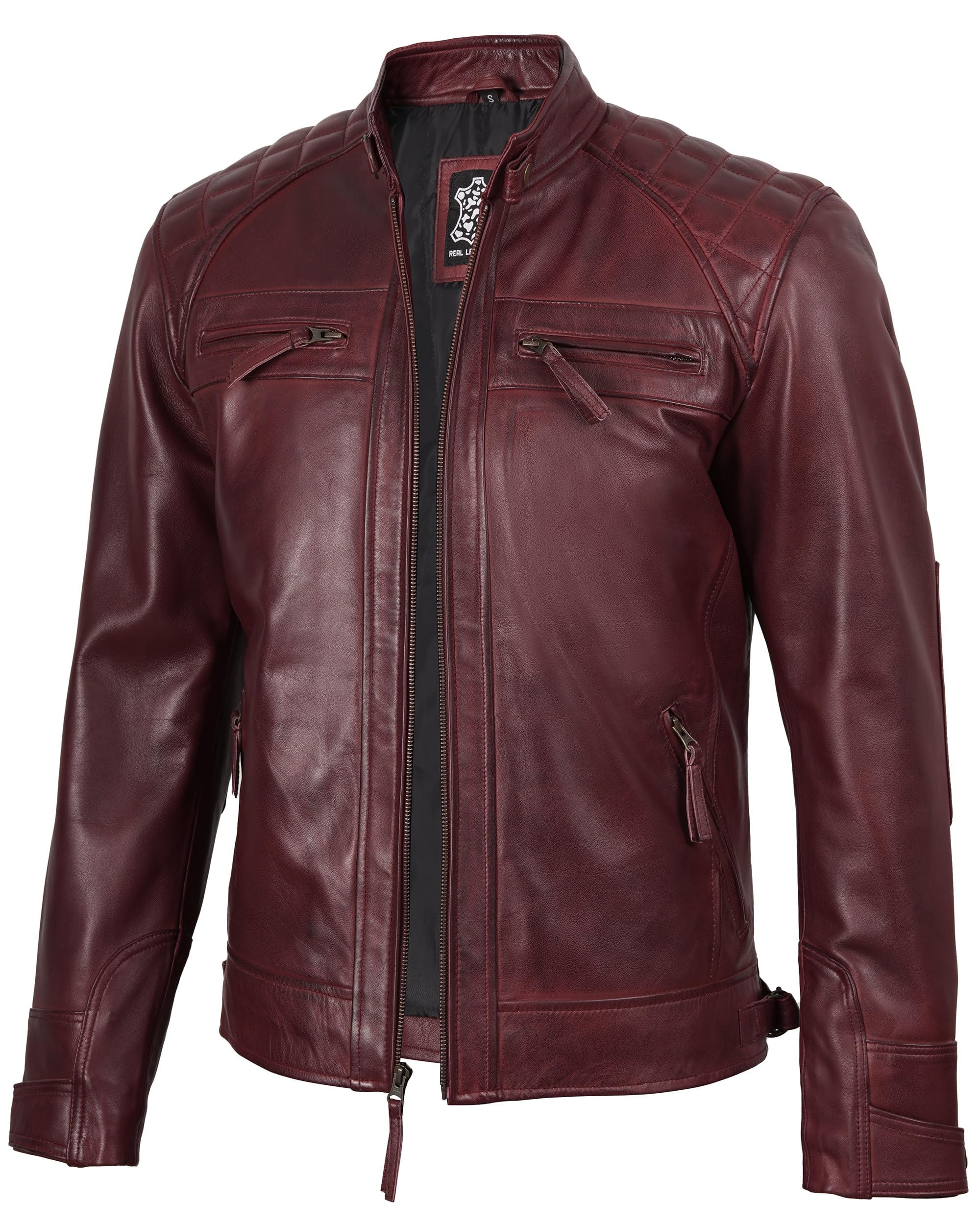 fjackets Mens Leather Jacket Moto Style Real Lambskin Leather Jacket, Quilted Ca