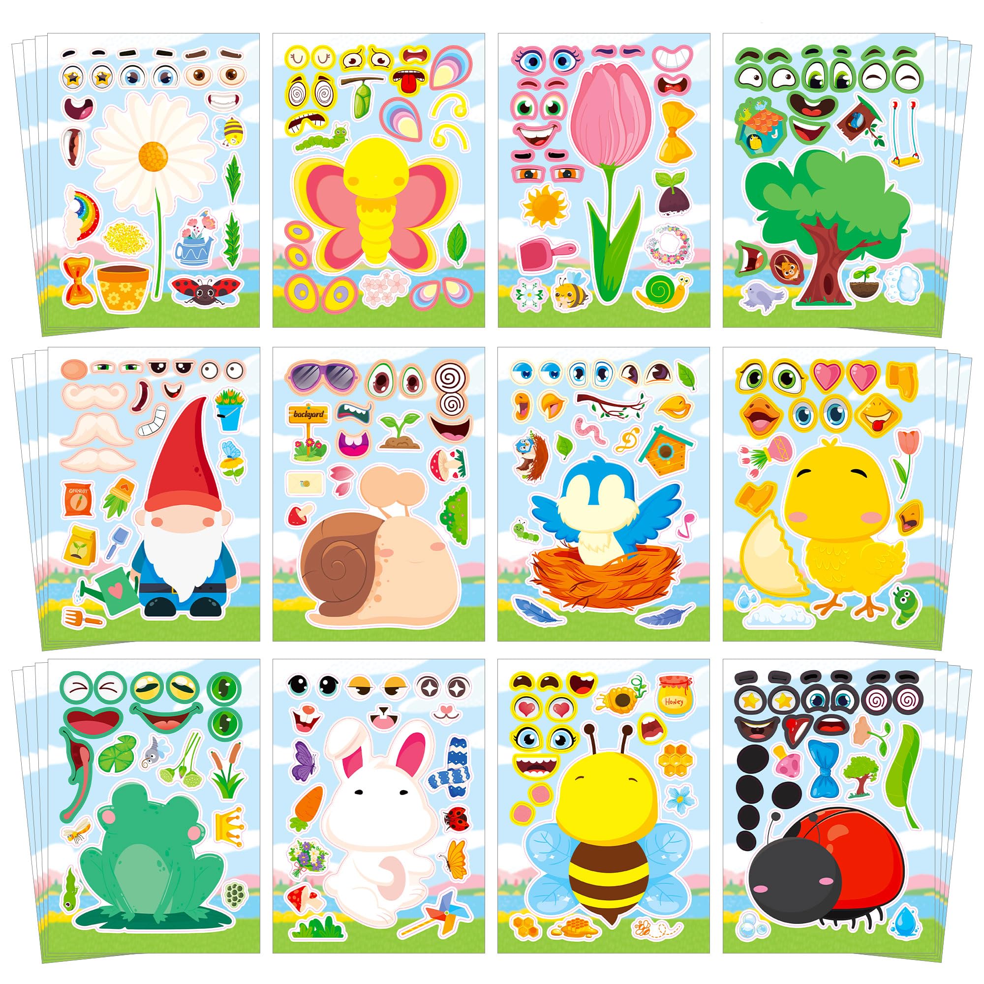 Aowplc Spring Make-a-Face Stickers for Kids 48 Sheets Mix 'n Match Cute Spring C