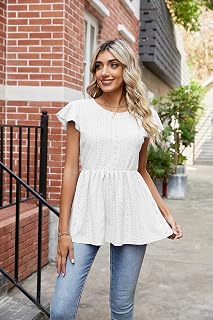 Womens Tops, Crew Neck Short Sleeve Eyelet Ruffle T Shirts, Summer Solid Casual Open Back Tunic Tee Blouse