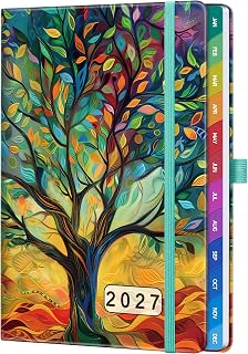 2027 Diary A5 Week-to-View – Weekly Planner with Colorful Monthly Tabs, 100 GSM Paper, Pen, Elastic Band, Pen Loop & Pocket – Weekly Organiser for Work, Study & Personal Planning, Tree of Life