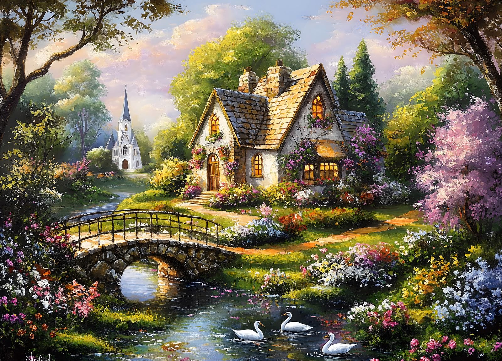 Beautiful Cottage Jigsaw Puzzles 1000 Pieces for Adults | Large Poster Included,