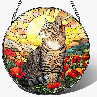 Stained Glass Window Hanging, 8 Inch Cat Stained Glass Ornament, Suncatchers for Windows Hanging, Suncatcher Decorations for Windows, Window Decor, Gifts for Cat Lovers