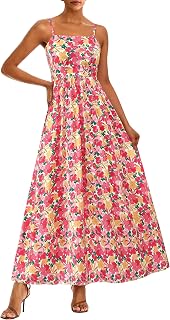 PRETTYGARDEN レディース ボヘミアン フローラル ストライプ サマー マキシドレス スパゲッティストラップ