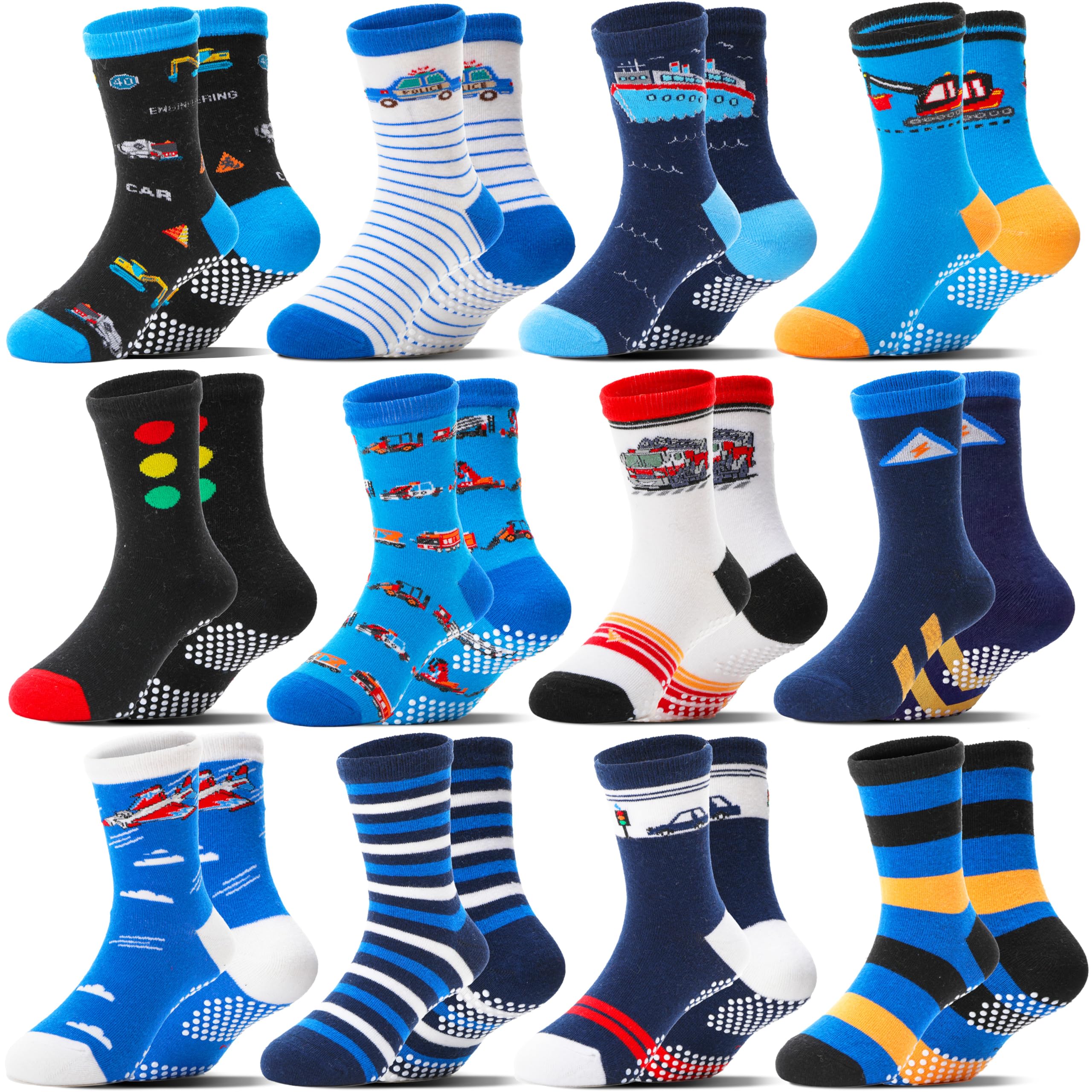 Welwoos 12 Pairs Baby Boys Toddlers Grips Socks Non Slip Funny Cartoon Cosy Brea